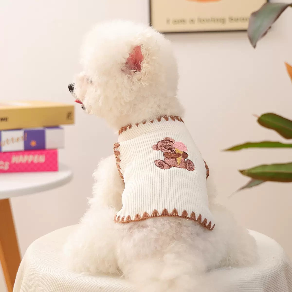 Back view of a white Bichon wearing the  Ice Cream Bear Vest. Features a breathable &