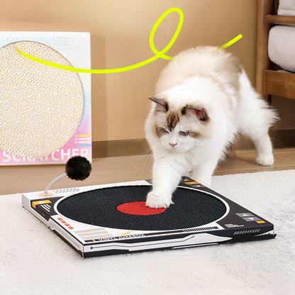 A fluffy cat interacting with the DJ vinyl cat scratcher on the floor. The central scratch pad satisfies the cat&