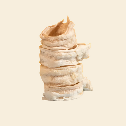 Stack of Lejoyee freeze-dried beef trachea dog chews, a natural source of glucosamine and chondroitin for joint mobility, 100% Australian beef