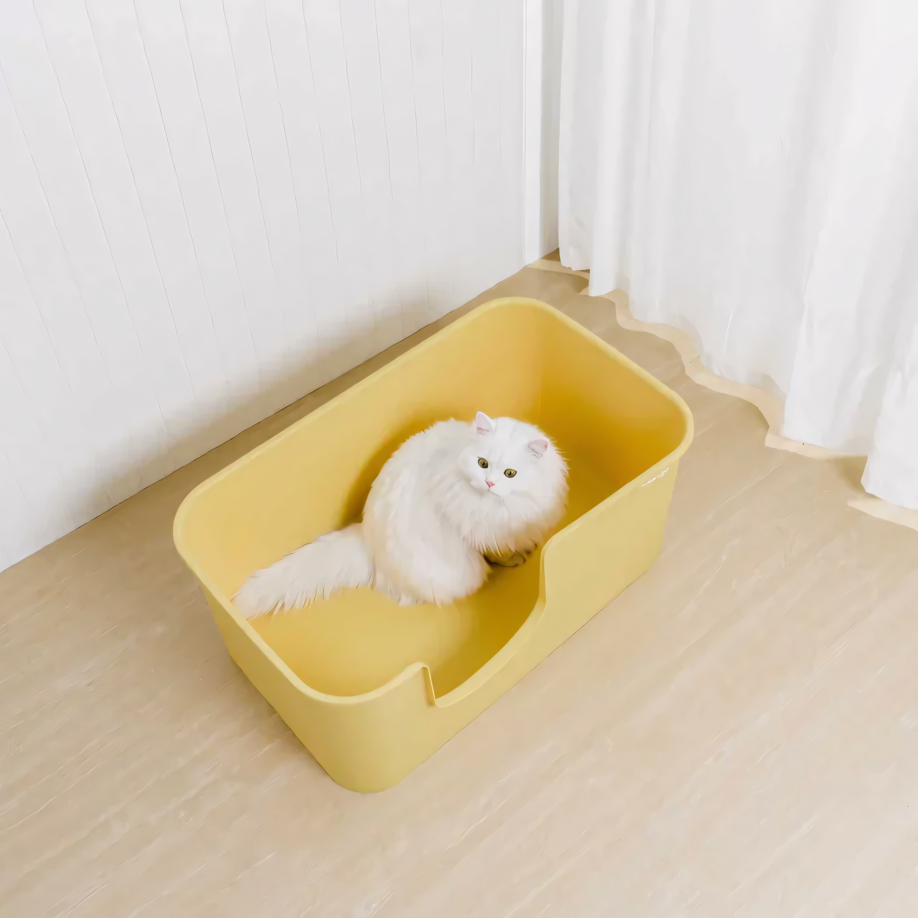 A large fluffy white cat sitting inside the extra-large LéJoyee open-top litter pan with plenty of room to spare, perfect for large breeds like Maine Coons.