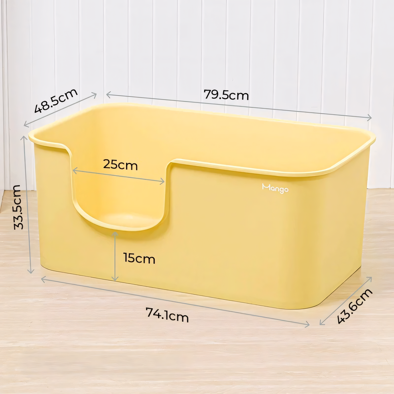 Dimensional graphic of the yellow Mango Butter XXL litter box, detailing the massive 79.5x48.5cm footprint, 33.5cm high scatter-guard walls, and 15cm entry height.