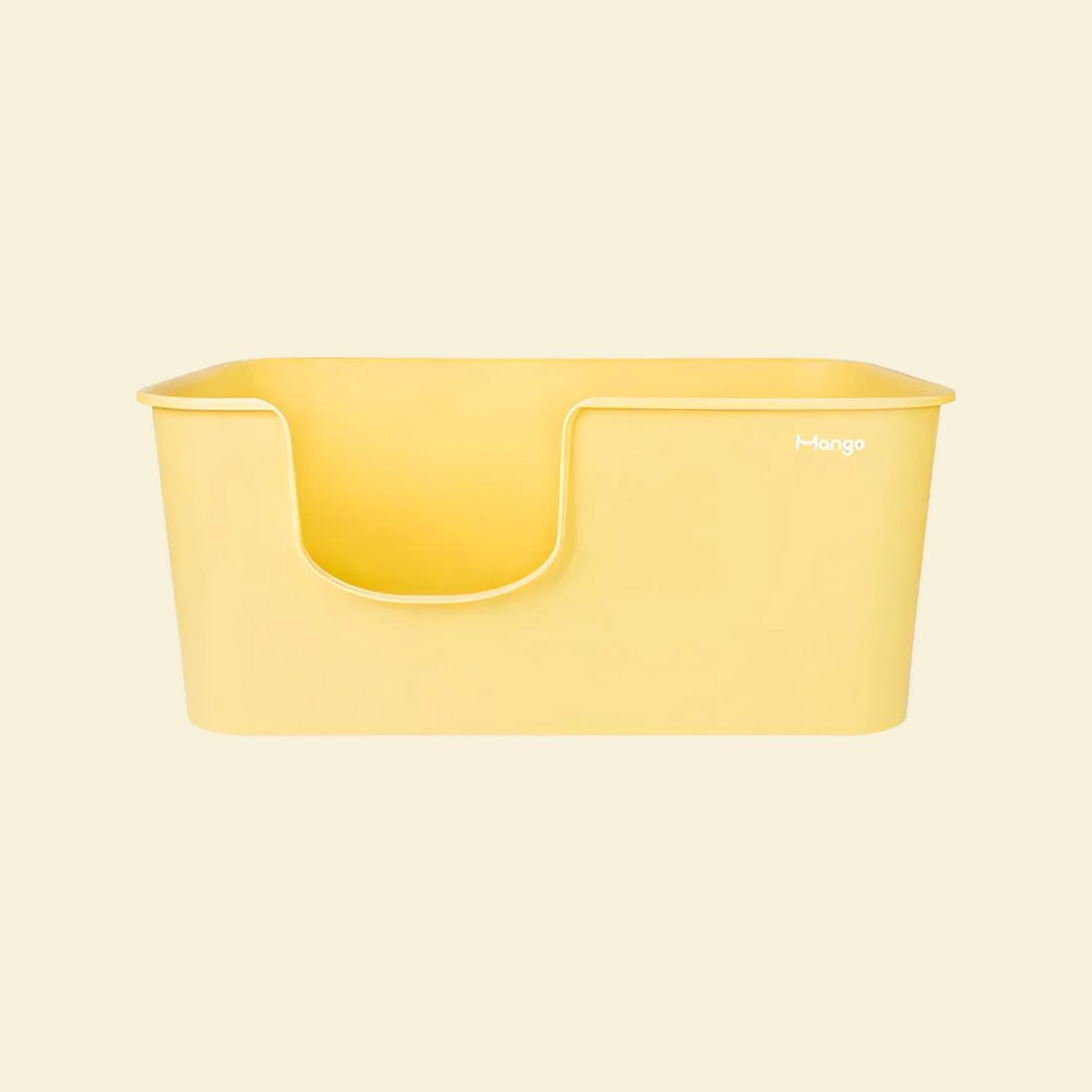 Front view of the pastel yellow Mango Butter XXL open-top cat litter box, highlighting the wide, ergonomic low-entry step for easy access.