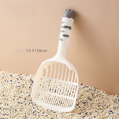 Minimalist white cat litter shovel with a grey non-slip paw grip. The large 8mm top holes allow clean litter to pass through instantly, making daily cleaning effortless