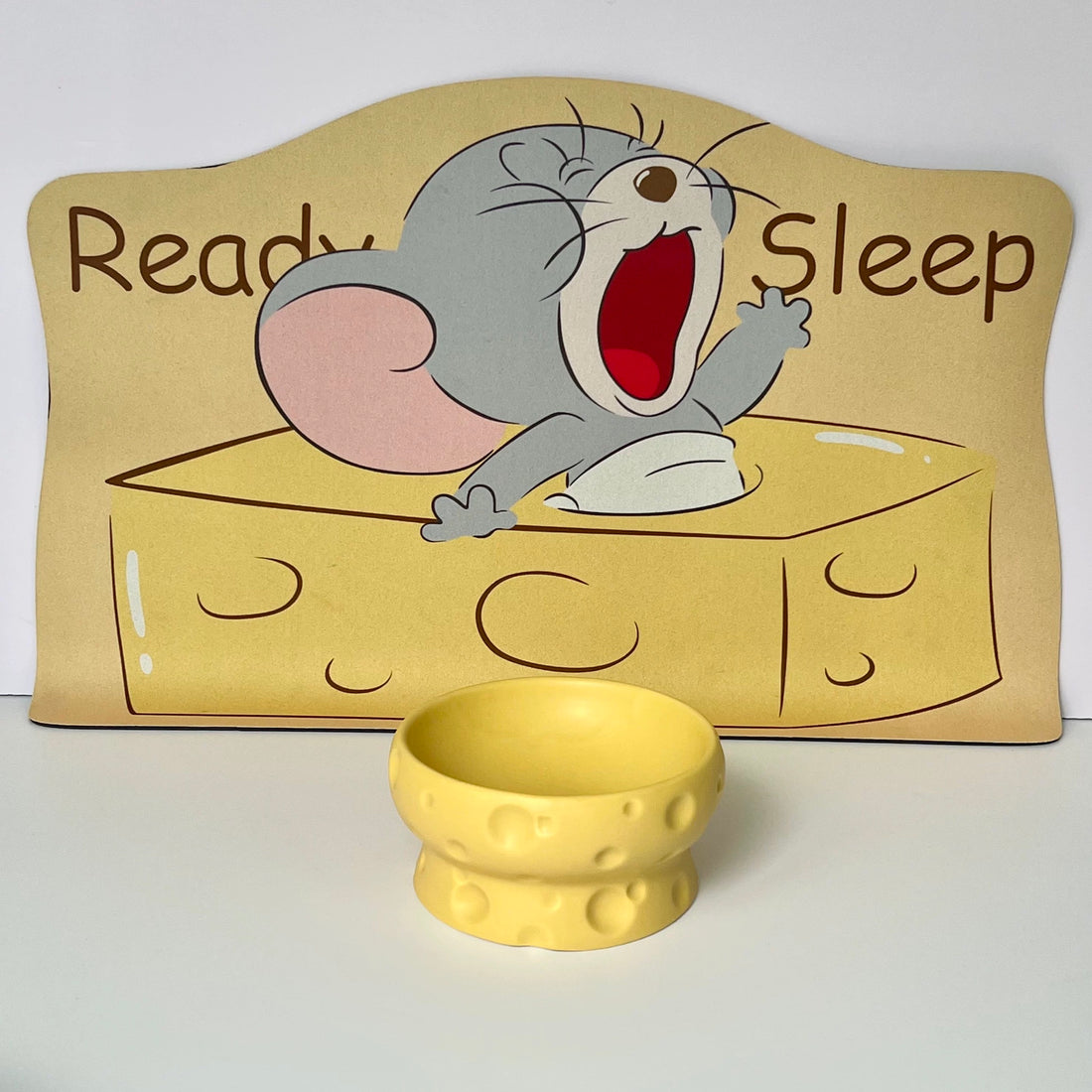 Playful Yellow Food &amp; Water Bowl styled with a cartoon mouse background. A sturdy, heavy ceramic bowl designed for kittens and munchkin cats to prevent tipping