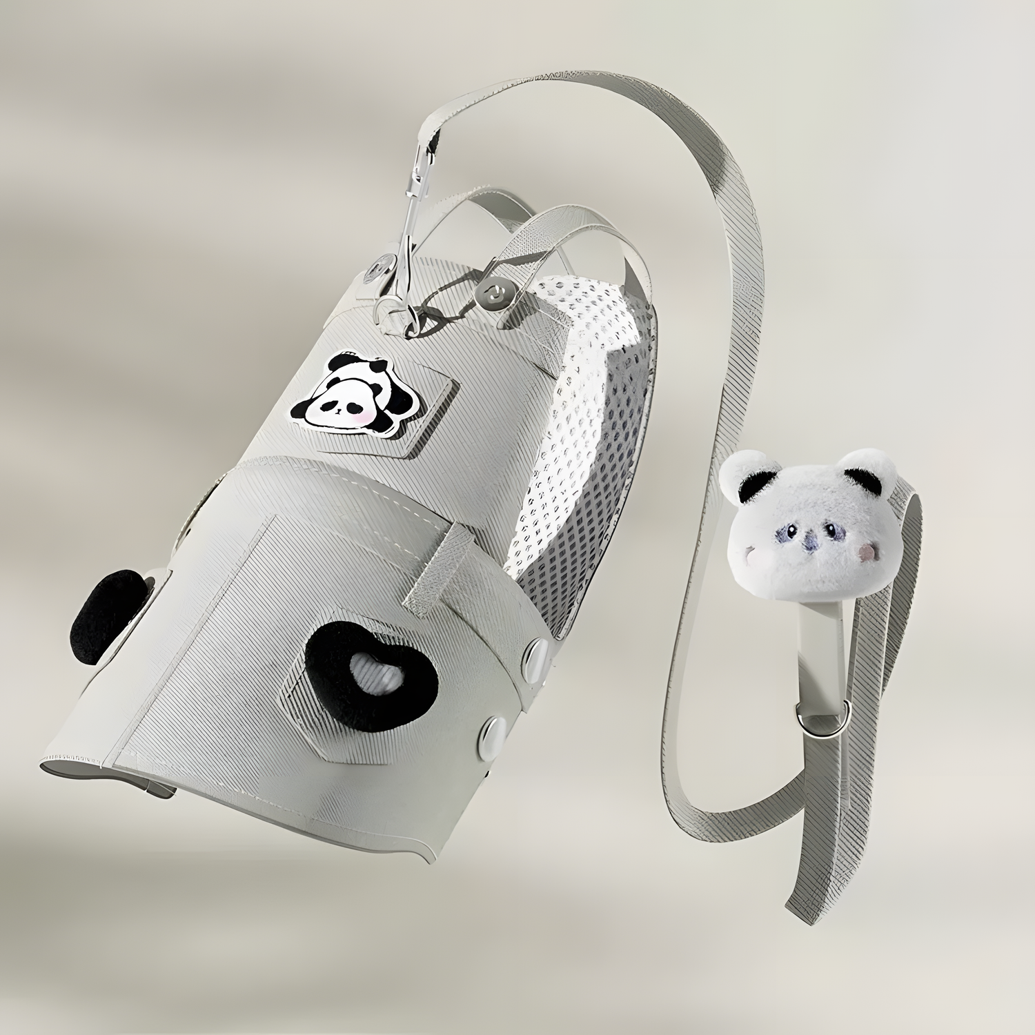 3D view of the Panda Hug Harness Dress showing the breathable air-mesh lining. Includes a matching green leash with a cute plush panda attachment.