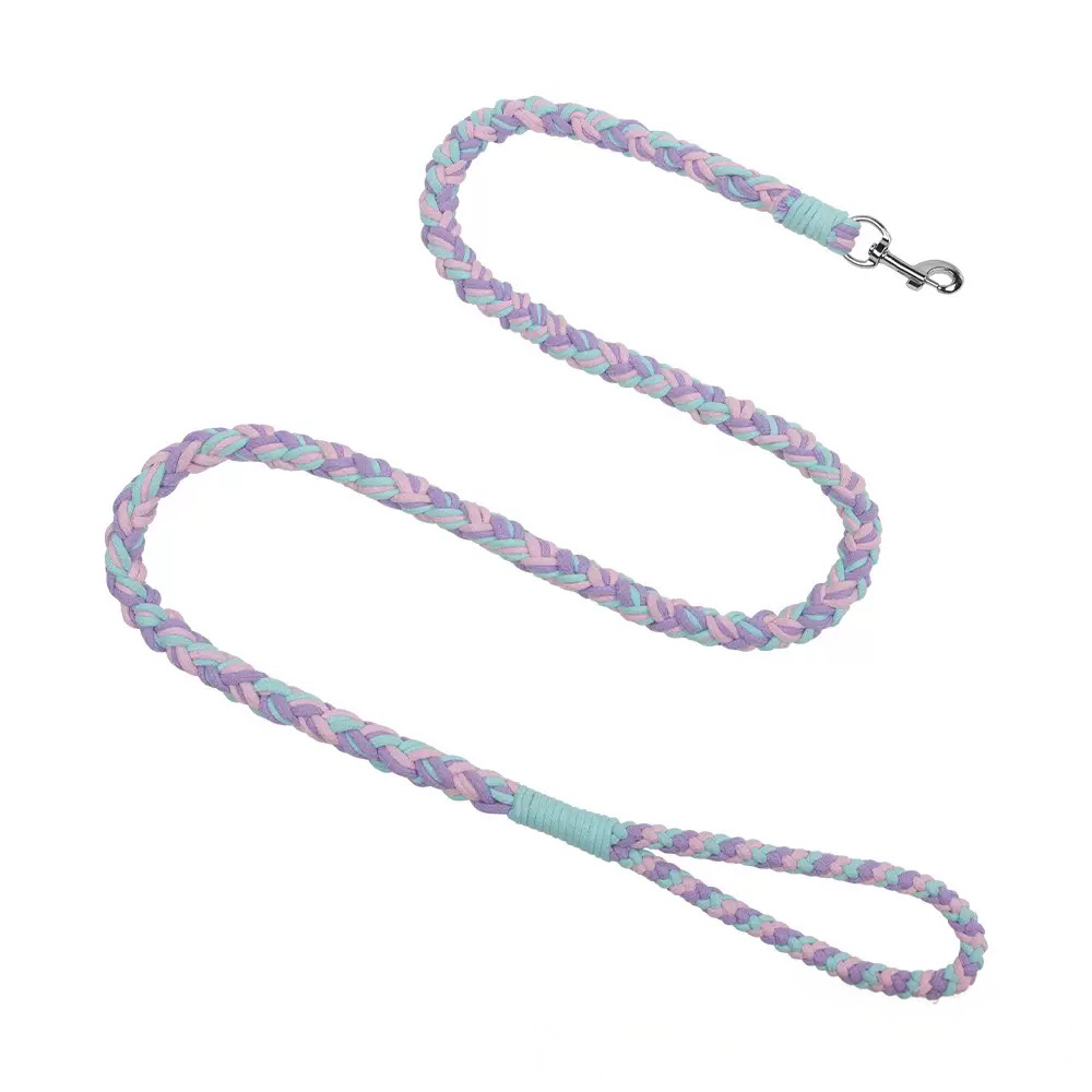 Pastel purple and pink braided dog lead. The premium high-density cotton thread offers a soft touch and high tensile strength.