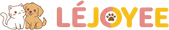 The official LéJoyee brand logo, featuring a cute white winking cartoon cat and a smiling brown dog snuggled together. The brand name "LÉJOYEE" is written in playful, rounded pink and yellow bubble letters, with a brown paw print inside the letter 'O', representing pure joy for pets.