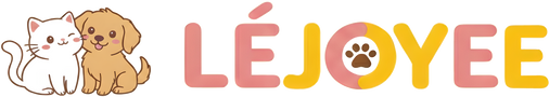 The official LéJoyee brand logo, featuring a cute white winking cartoon cat and a smiling brown dog snuggled together. The brand name "LÉJOYEE" is written in playful, rounded pink and yellow bubble letters, with a brown paw print inside the letter 'O', representing pure joy for pets.
