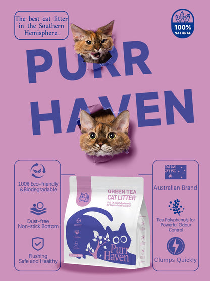 A vibrant promotional poster for PurrHaven Green Tea Cat Litter featuring two cats peeking through torn purple paper. The poster highlights its identity as a premium Australian brand with key features like "100% Eco-friendly," "Super Odour Control," and "Clumps Quickly."