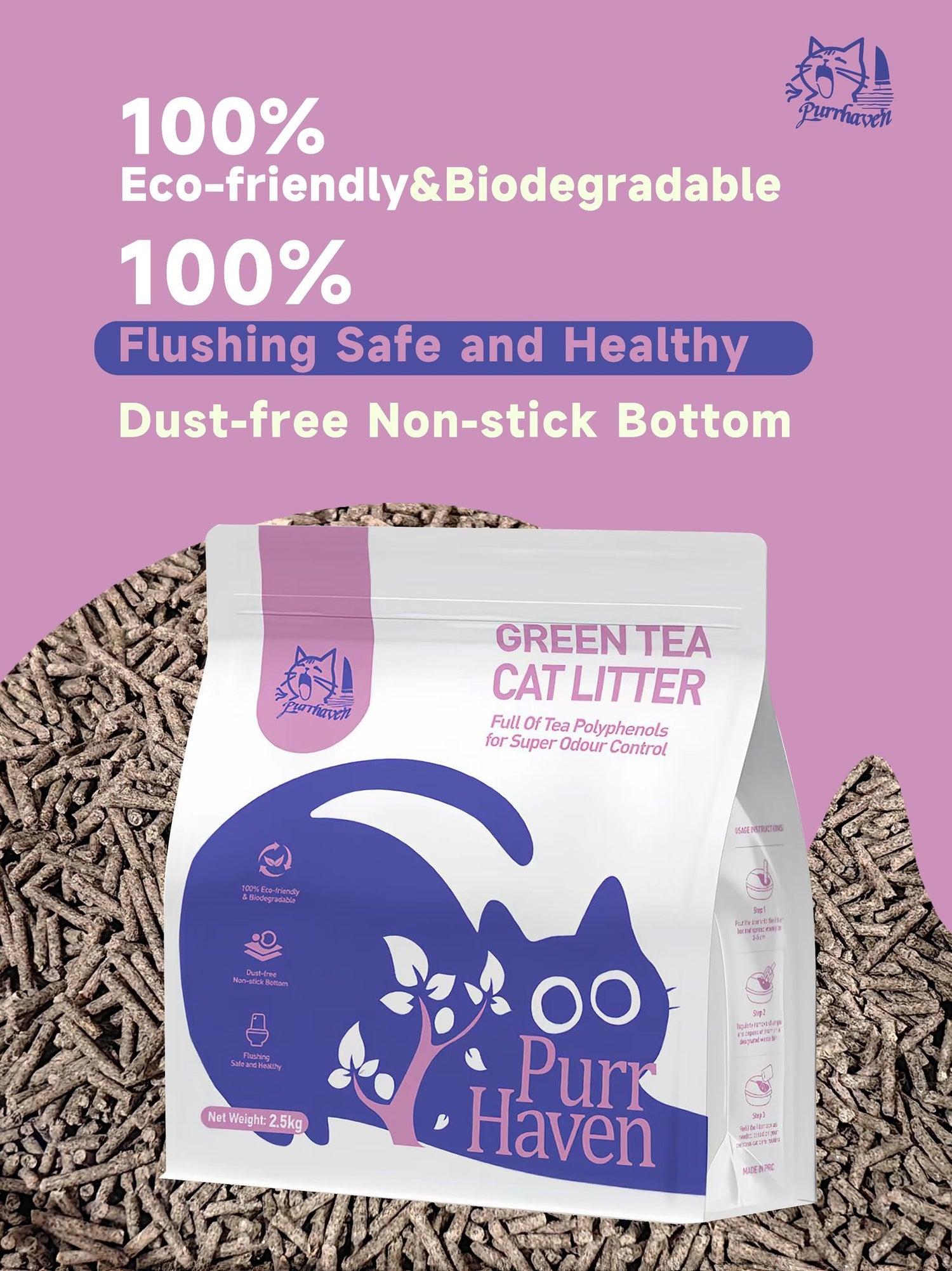 A promotional display showing a bag of PurrHaven Green Tea Cat Litter surrounded by bulk litter pellets, with prominent text highlighting features like "100% Eco-friendly &amp; Biodegradable," "Flushing Safe," and "Dust-free."