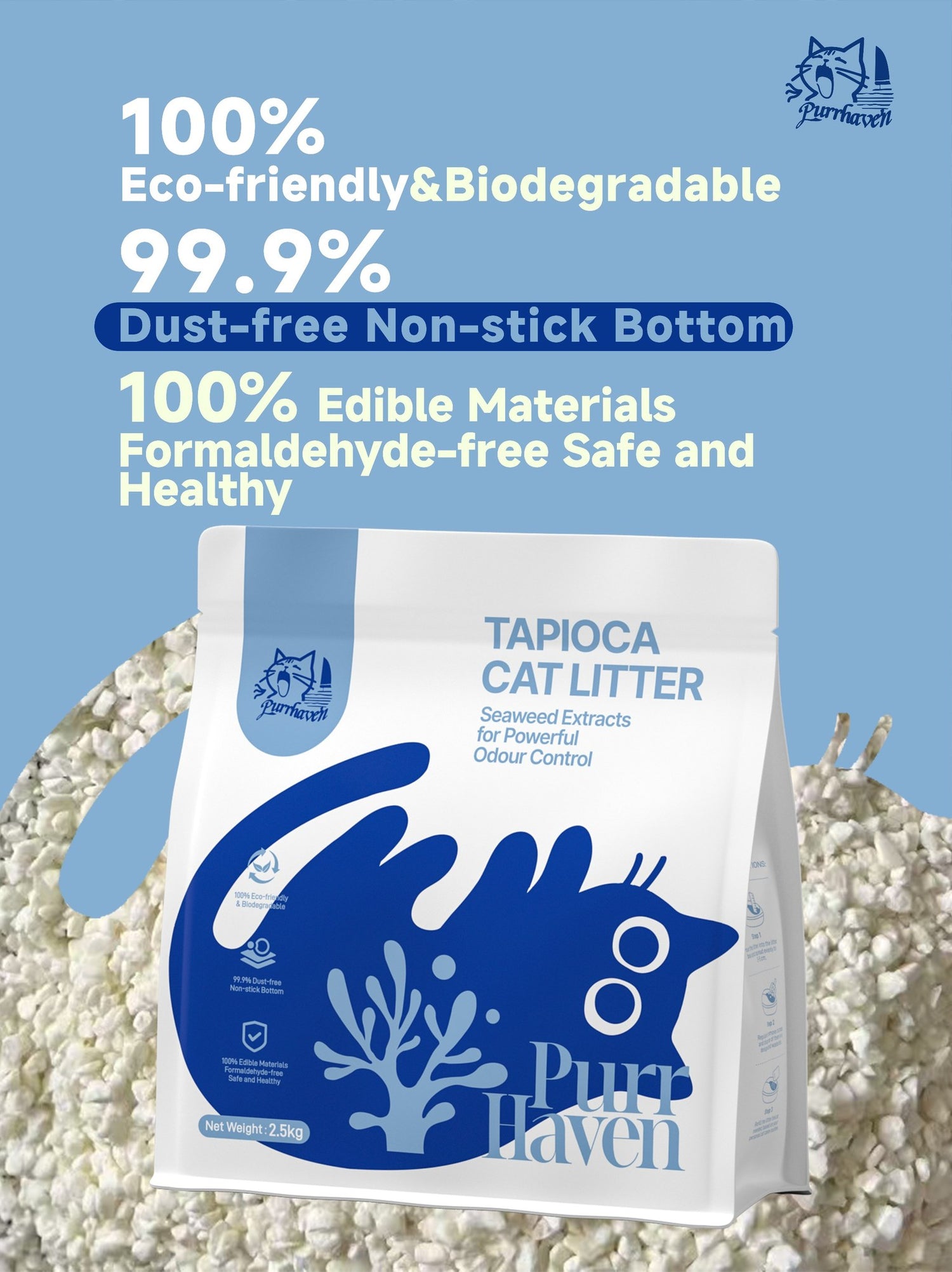 A feature-rich poster of PurrHaven Tapioca Cat Litter highlighting its premium qualities: 100% edible materials, formaldehyde-free, and 99.9% dust-free with a non-stick bottom design.