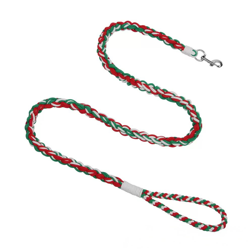 Red, green, and white hand-braided dog leash. A festive, durable cotton lead with a 360° anti-tangle swivel hook for frustration-free walks.