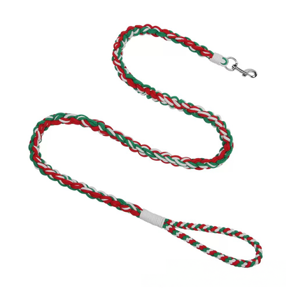 Red, green, and white hand-braided dog leash. A festive, durable cotton lead with a 360° anti-tangle swivel hook for frustration-free walks.