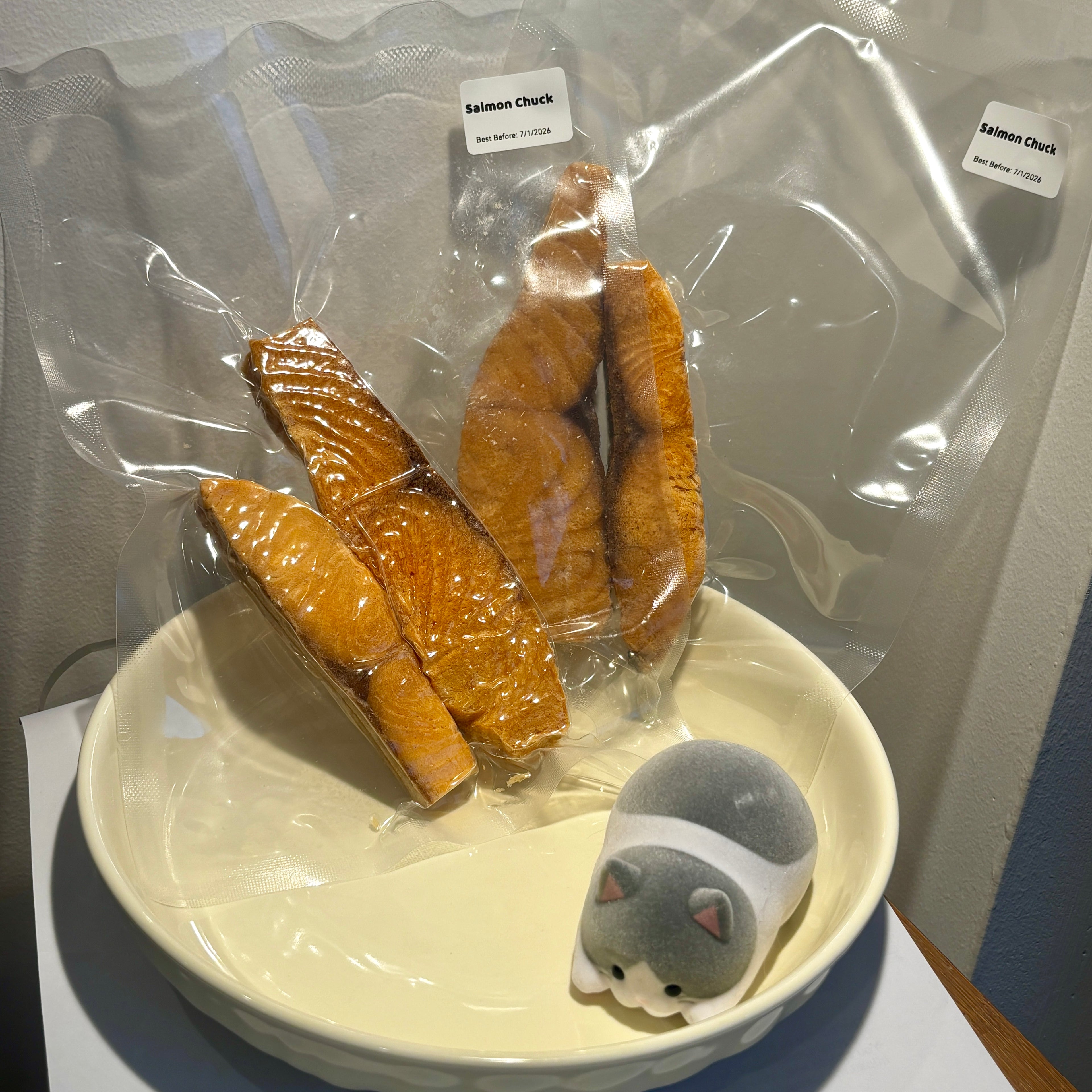 Single vacuum-sealed pouch of Freeze-Dried Salmon Chuck, 100% salmon fillets for cognitive brain health and shiny fur.