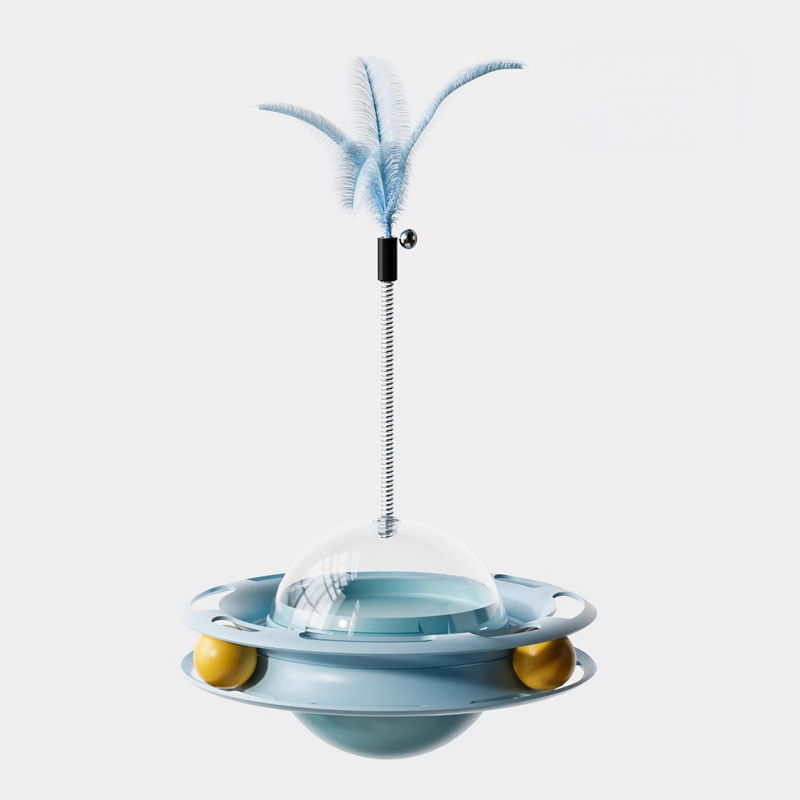 Blue Boredom Buster toy with a never-fall Roly-Poly base. Keeps indoor cats active and reduces separation anxiety