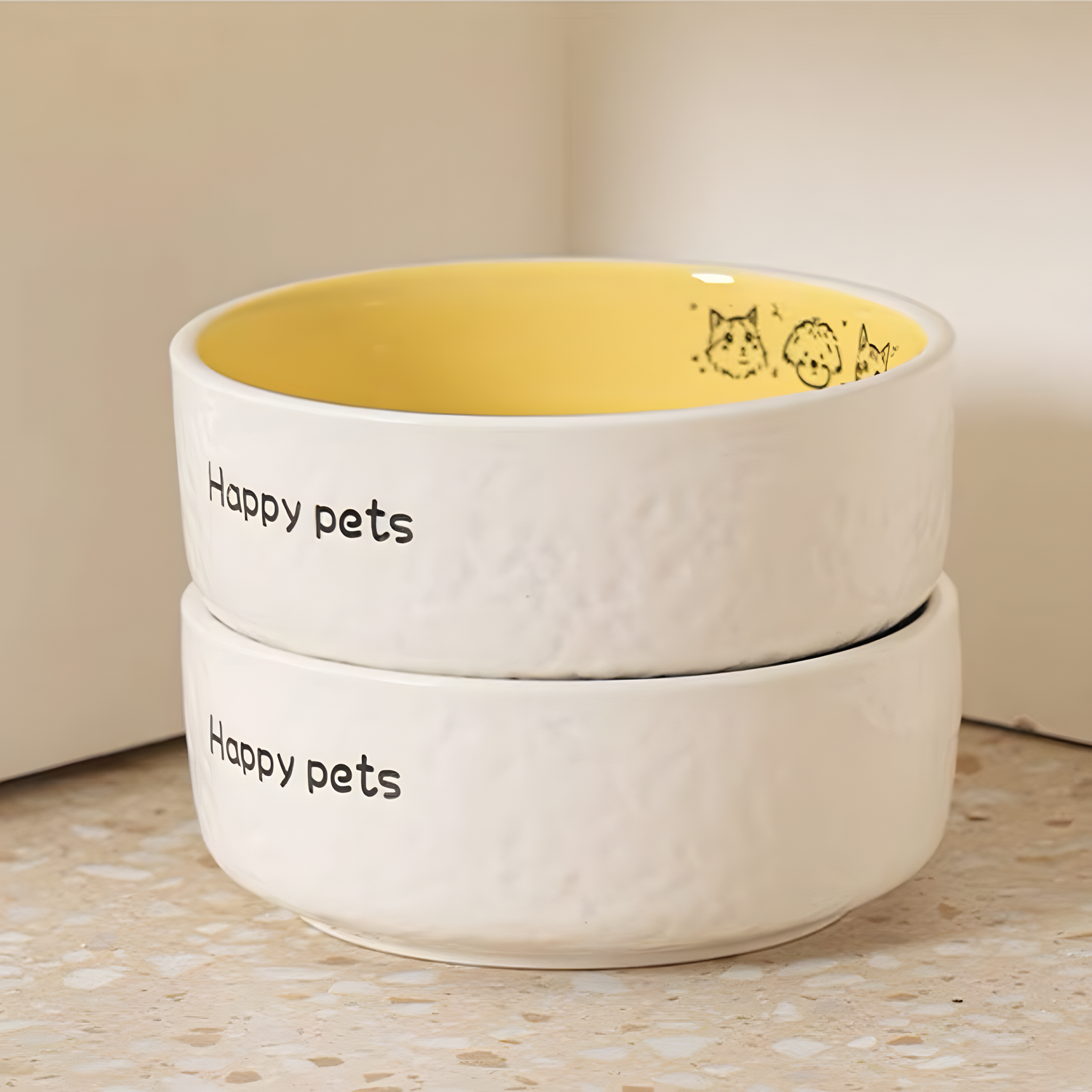 Side view of stacked ceramic bowls featuring a textured stone-like exterior and &