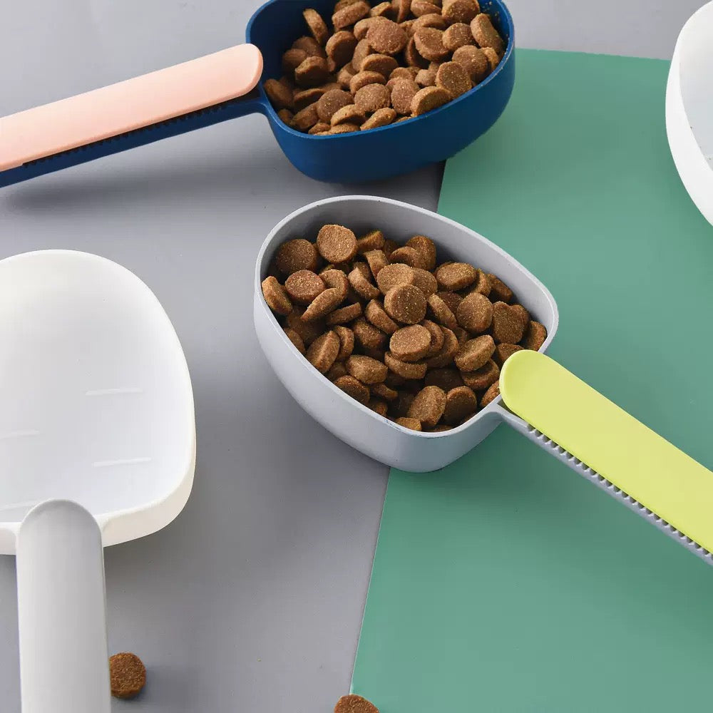 Multiple scoops filled with different sizes of dry kibble. The perfect portion control tool for cats and dogs, preventing overfeeding and spills