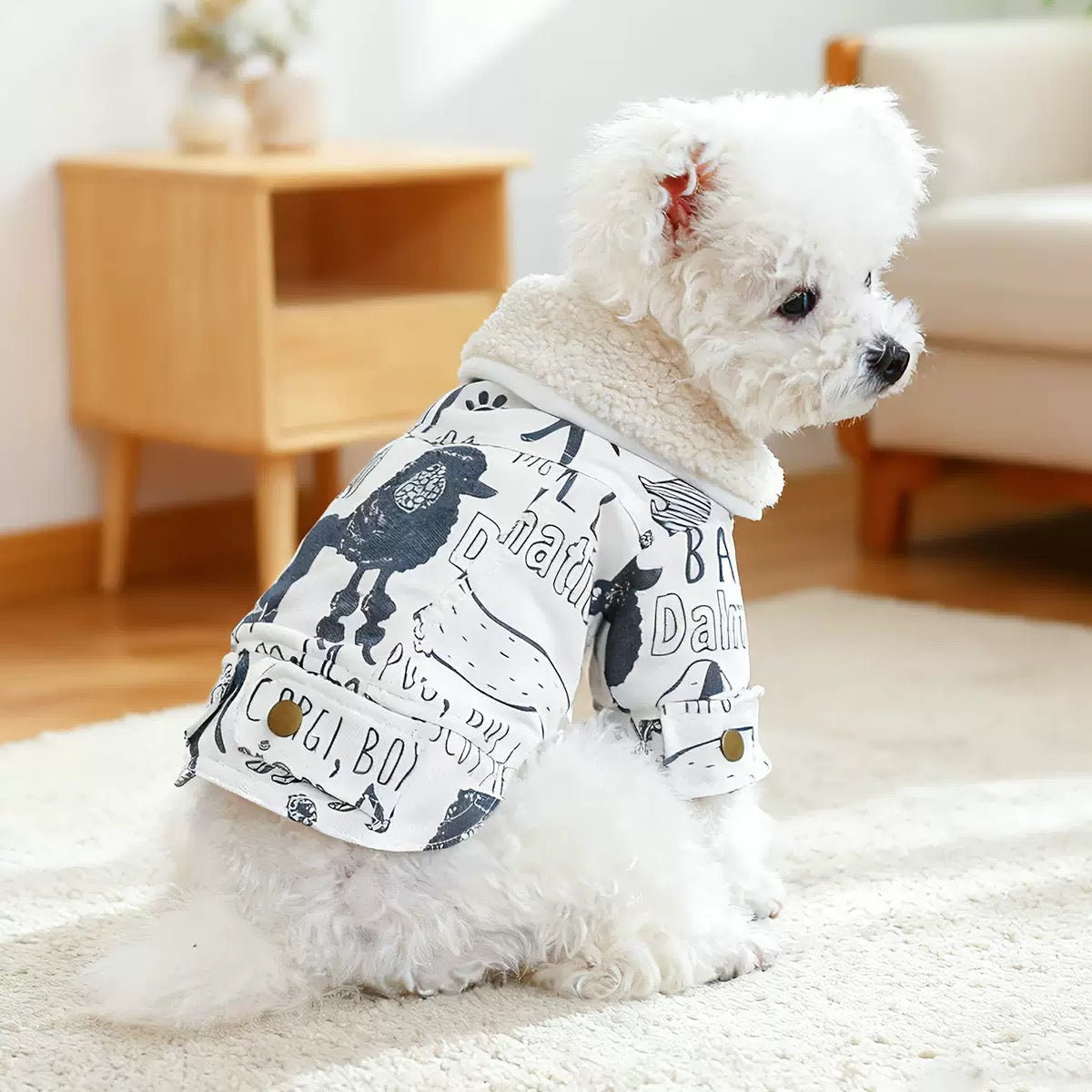 Side profile of a dog in the graffiti parka. The high-quality cotton shell withstands play, while the Sherpa fleece collar provides anxiety-relieving warmth."