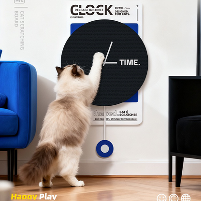 A Ragdoll cat fully extending its spine while scratching the Minimalist Black clock board on the wall. Acts as a natural stress reliever for cats