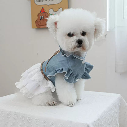 Front view of the denim pet dress showing the dainty ruffled collar and snap buttons. A vintage aesthetic that brings &
