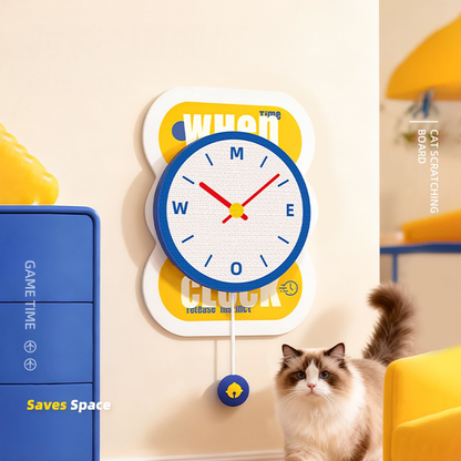 A yellow clock cat scratcher mounted on the wall next to blue furniture. Demonstrates a space-saving design that satisfies a cat&