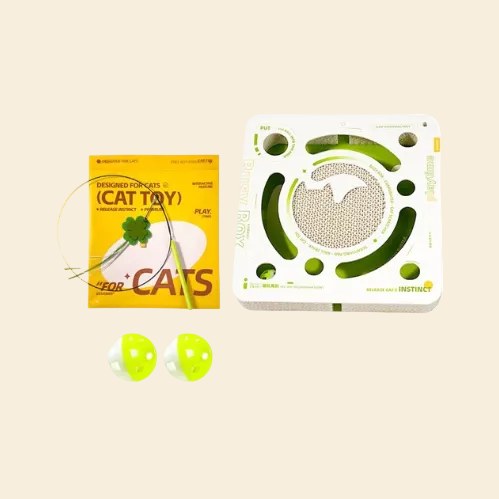 Full set of the Lucky Clover 3-in-1 cat toy, including the white scratcher station, ringing bell balls, and a spring-loaded clover teaser.