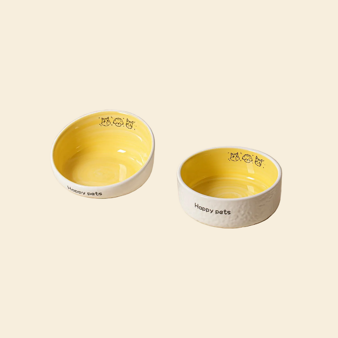 Happy Pets Low-Foot Dining Set in Yellow. Stable, grounded ceramic bowls perfect for kittens, munchkin cats, or enthusiastic eaters