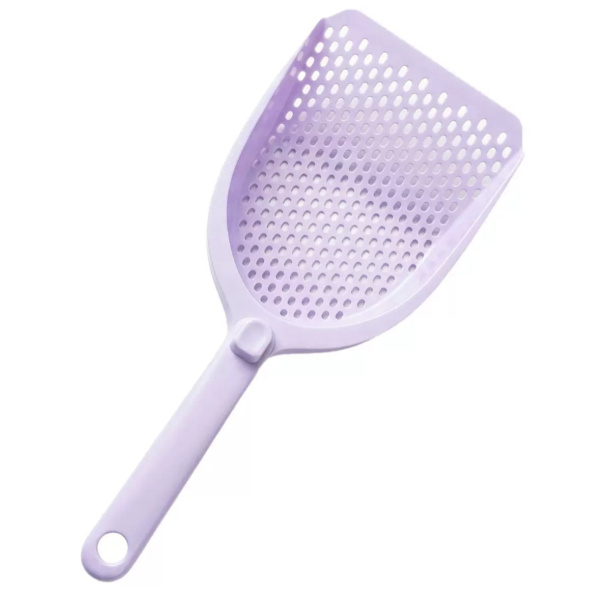 The lightweight Premium Round-Hole Cat Litter Scoop in a beautiful Lilac Purple pastel shade, featuring a sturdy PP material build.