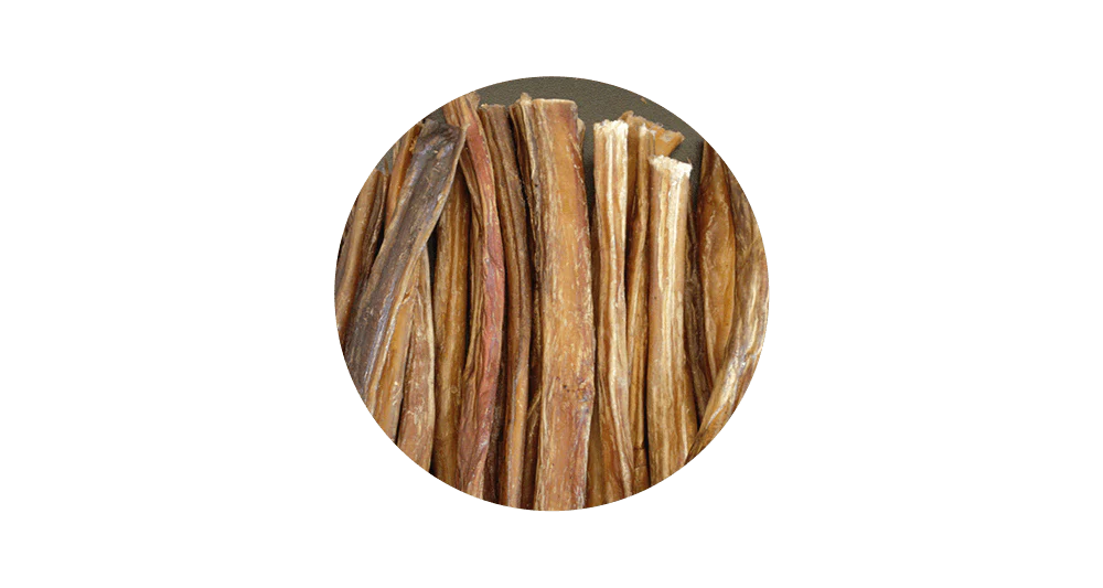 Close-up circular view of 100% pure air-dried steer sticks (beef pizzle), highlighting the tough and durable texture designed for dental health and joint support with 0.6% chondroitin.