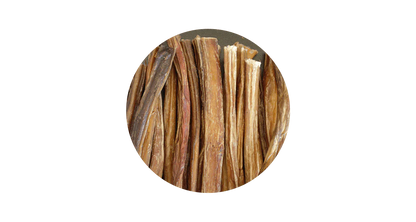 Close-up circular view of 100% pure air-dried steer sticks (beef pizzle), highlighting the tough and durable texture designed for dental health and joint support with 0.6% chondroitin.