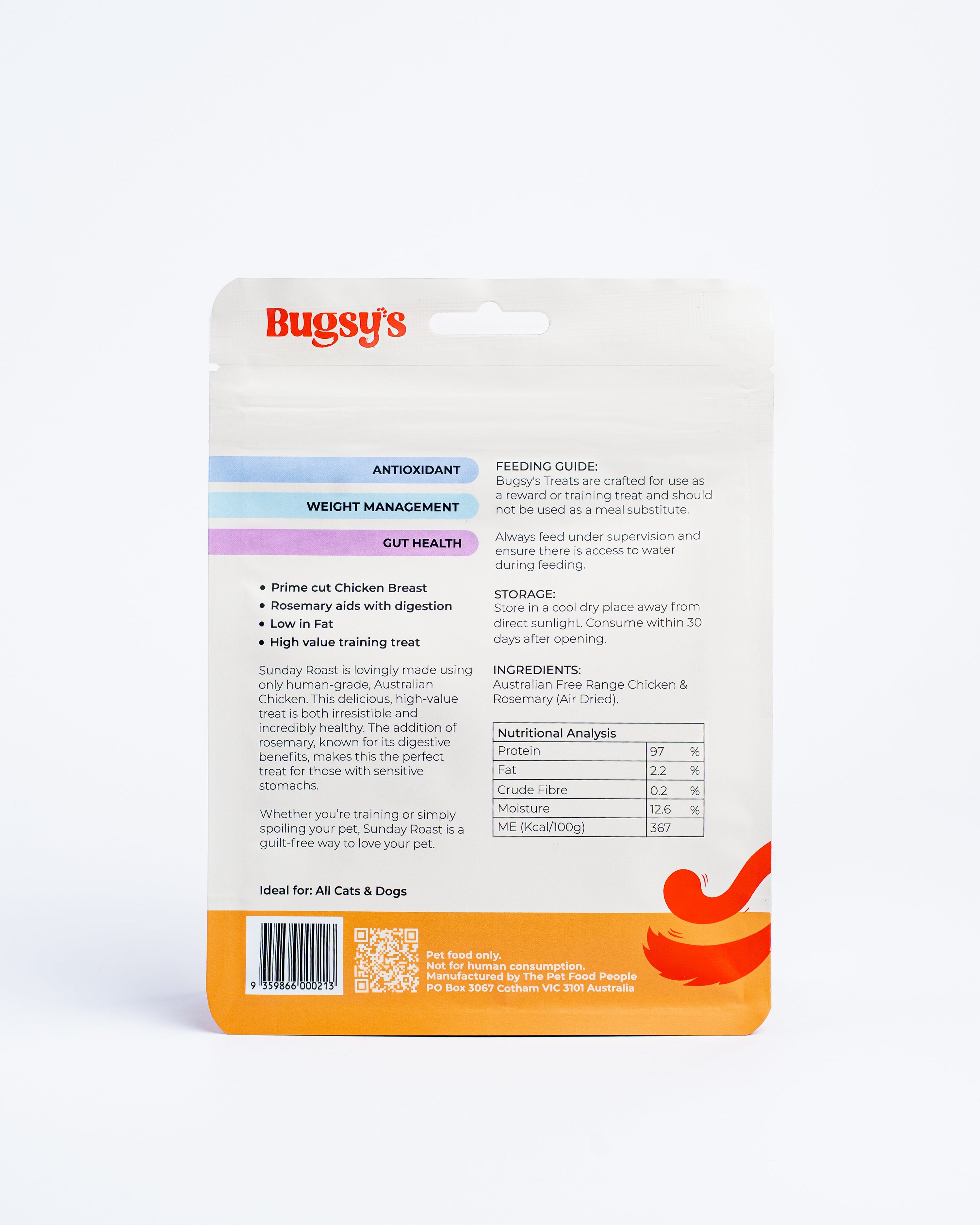 Nutritional analysis on the back of Bugsy&