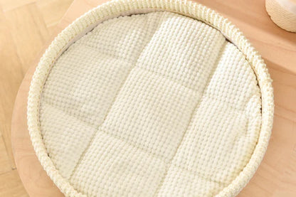 Close-up macro shot of the ultra-soft, lychee-patterned cushion on the Michu Luna cat tree. Designed to be easy to clean and highly resistant to shedding.