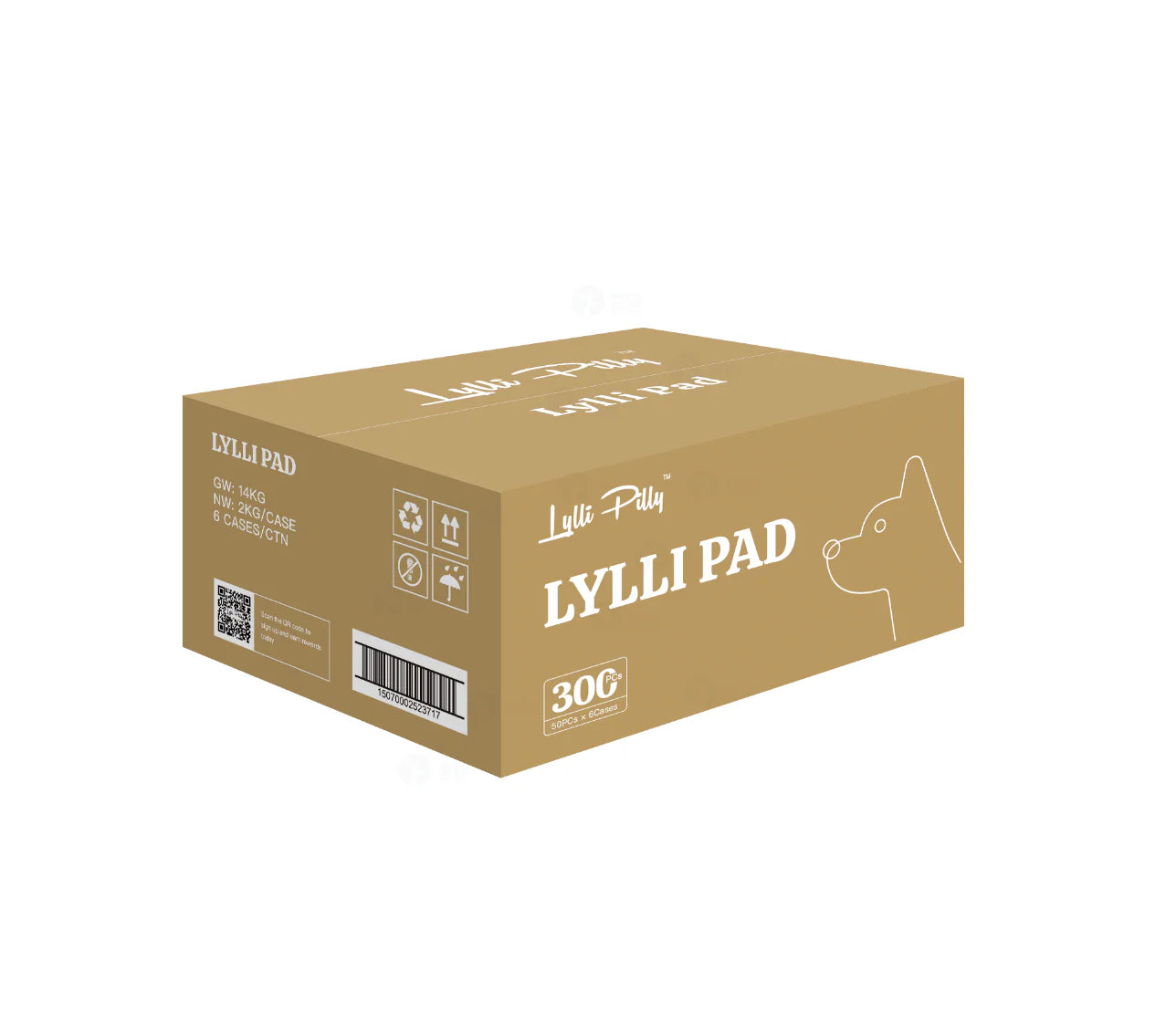 A brown wholesale master carton of LYLLI PILLY pet pads, containing 6 inner cases for a total of 300 pieces.