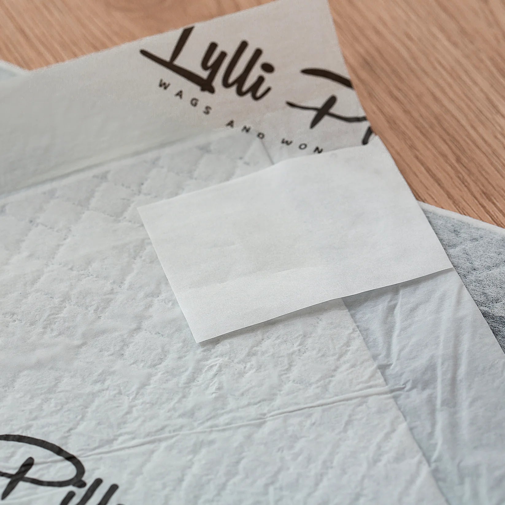 Close-up of the built-in adhesive corner sticker on the back of the LYLLI PILLY pet pad, designed to prevent sliding on hard floors.