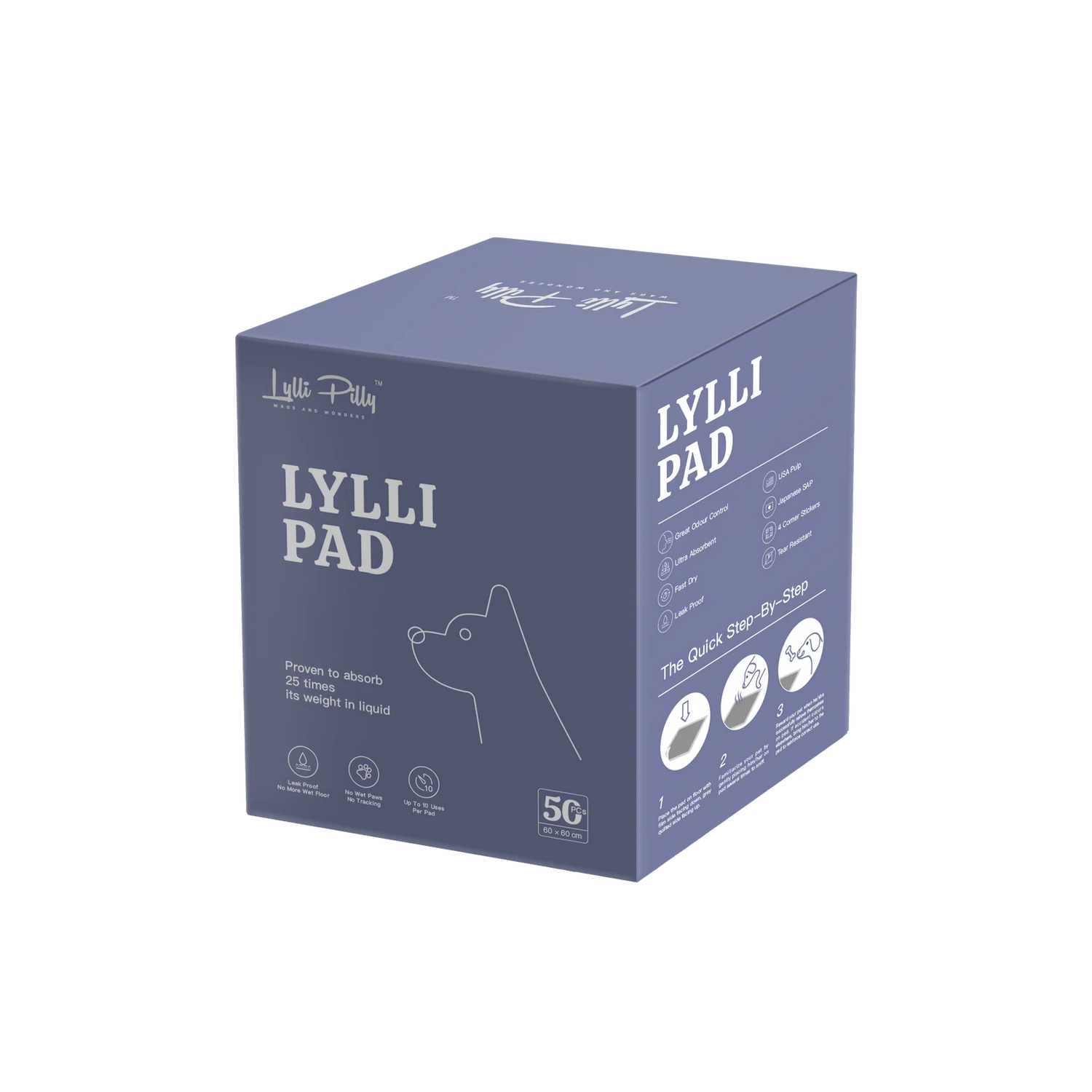 The sleek blue retail packaging box for LYLLI PILLY pet pads, highlighting the 50-piece count and key product features.