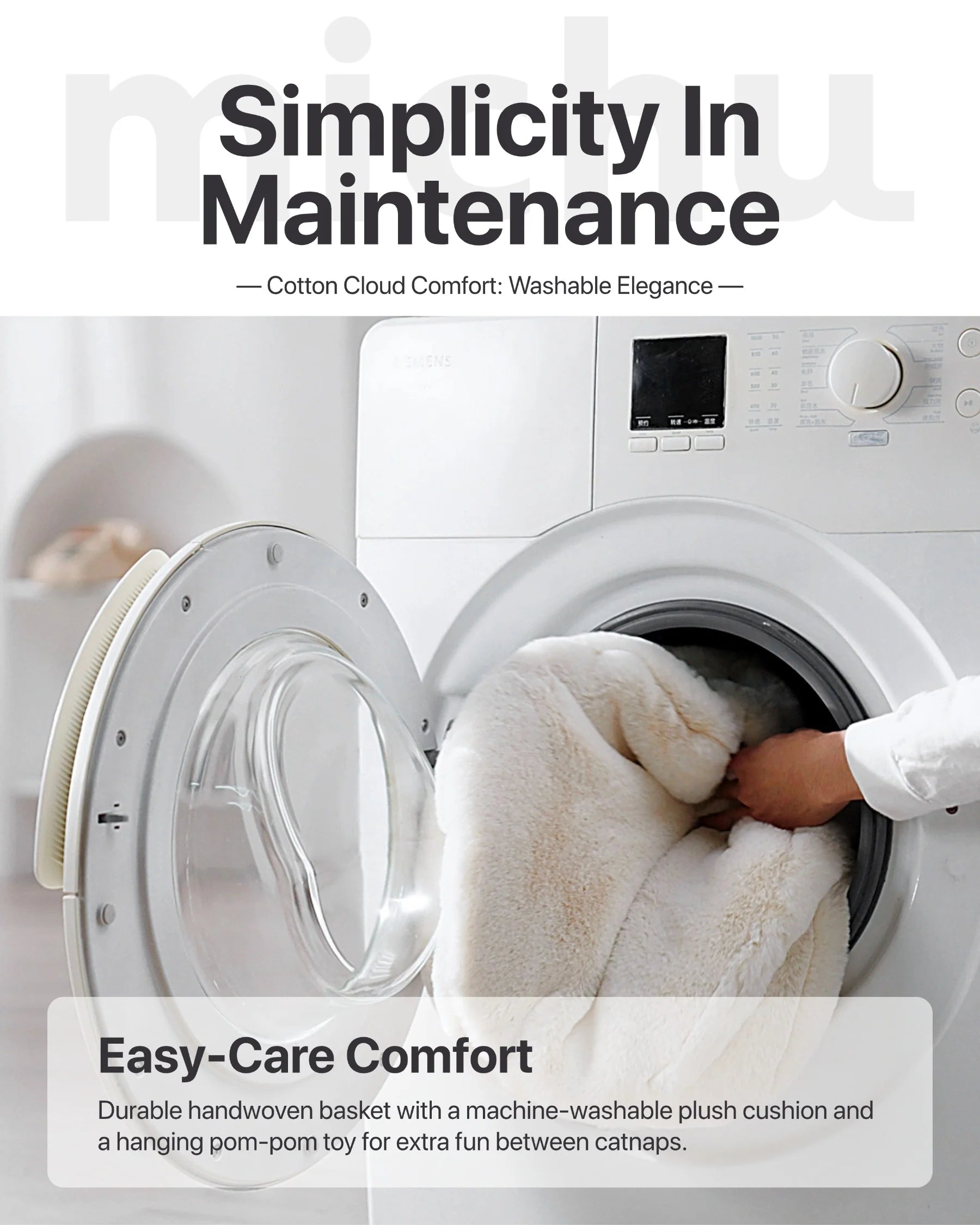 A person loading the white plush cotton cushion from the Michu Ivy cat tree into a washing machine. Demonstrates simplicity in maintenance and easy-care hygiene.