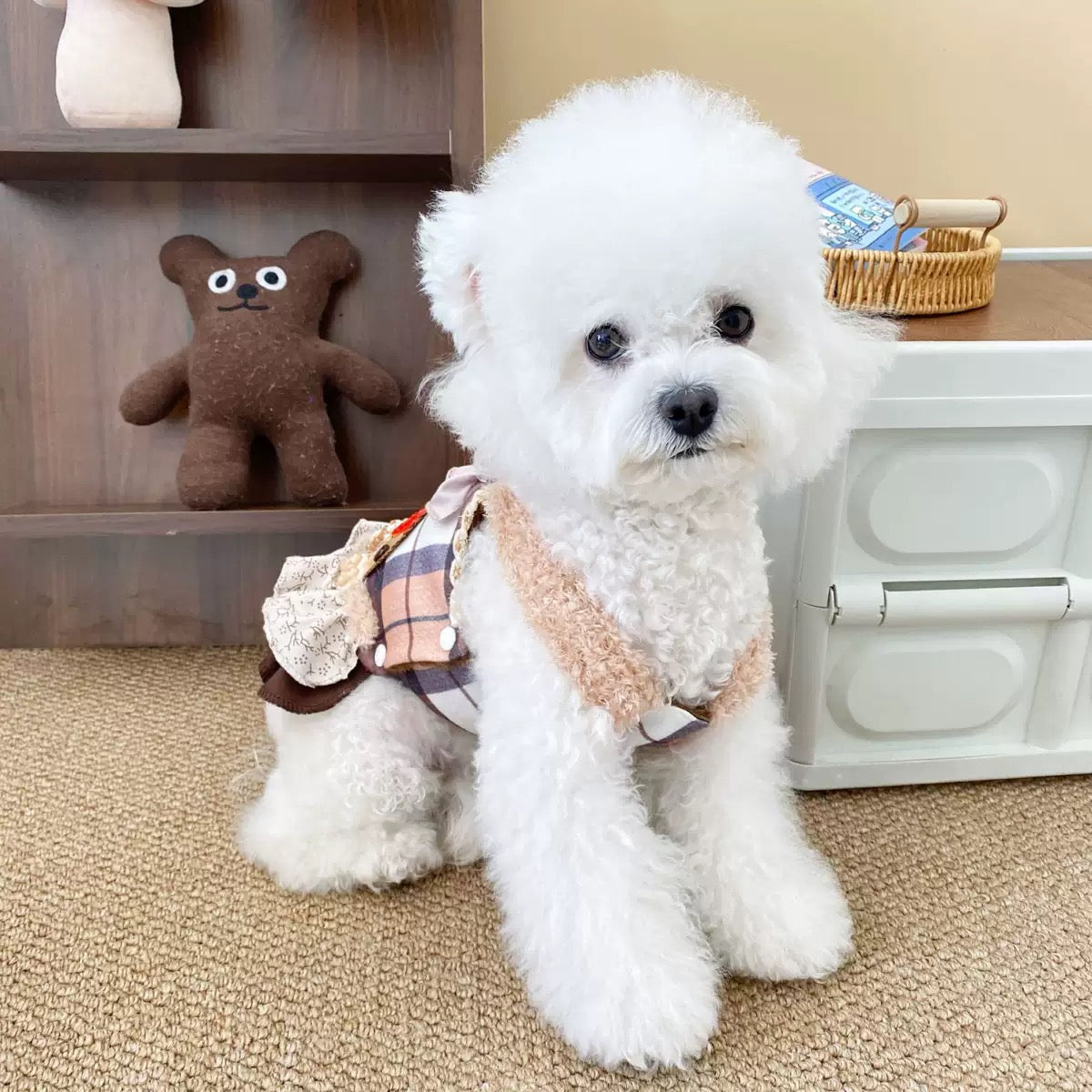 A fluffy white Bichon Frise sitting indoors wearing the Maillard Plaid Dog Princess Dress. Showcases the cozy, ultra-soft fleece trim around the neck and armholes for comfortable autumn wear.