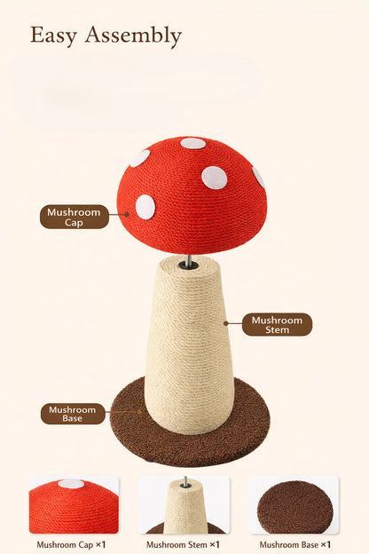 Diagram showing the quick and effortless assembly parts of the MIAOFAIRY Red Mushroom Scratching Post, including the sisal-wrapped mushroom cap, stem, and plush brown base.