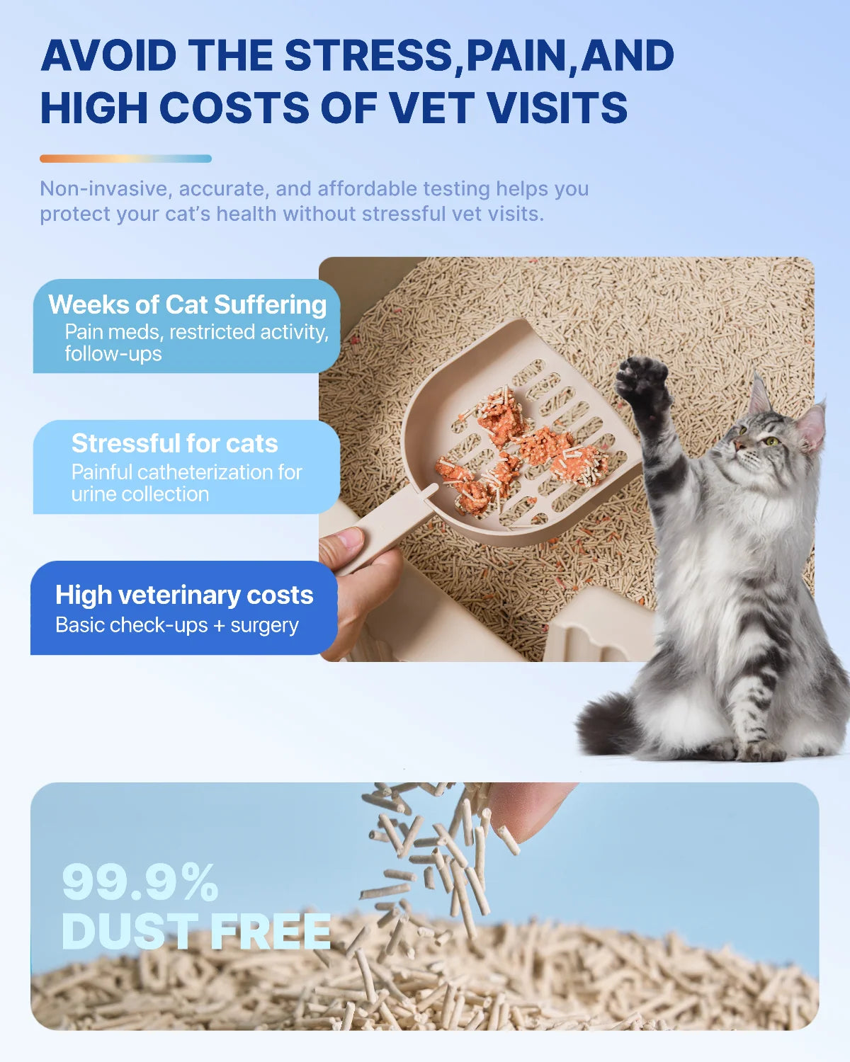 Infographic showcasing 99.9% dust-free Michu tofu cat litter pellets and stress-free at-home urinary health checks