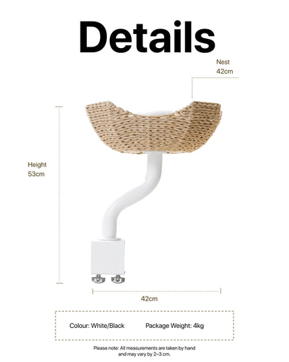 Dimension guide for the Michu DeskMate. Shows a total height of 53cm, a nest width of 42cm, and specifies a 4kg package weight and 8kg load capacity.