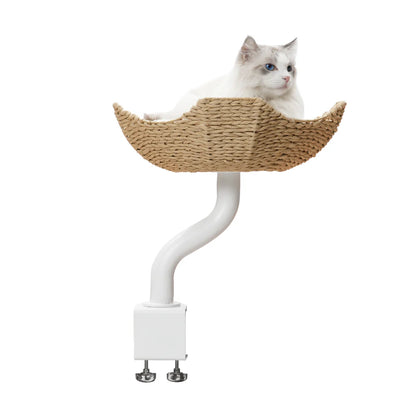 A beautiful Ragdoll cat lounging in the white version of the Michu DeskMate Desk-Mounted Cat Tree, showcasing its minimalist and clean design.
