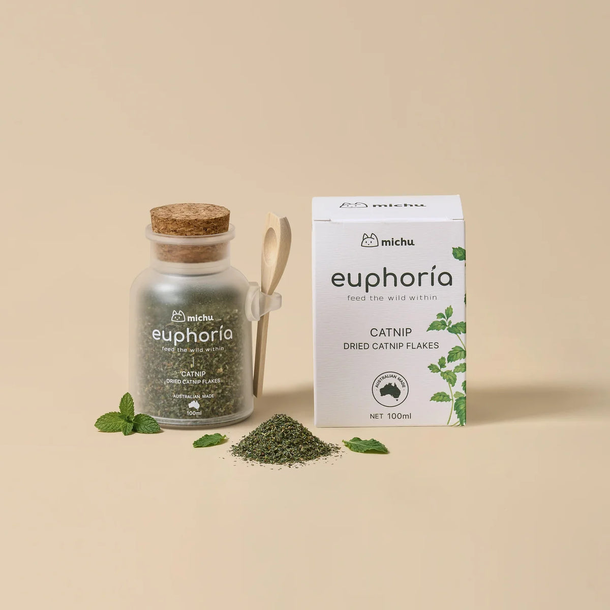 MICHU Euphoria Australian-made Dried Catnip Flakes for Cats 100ml bottle and retail box displayed with loose catnip leaves and wooden scoop