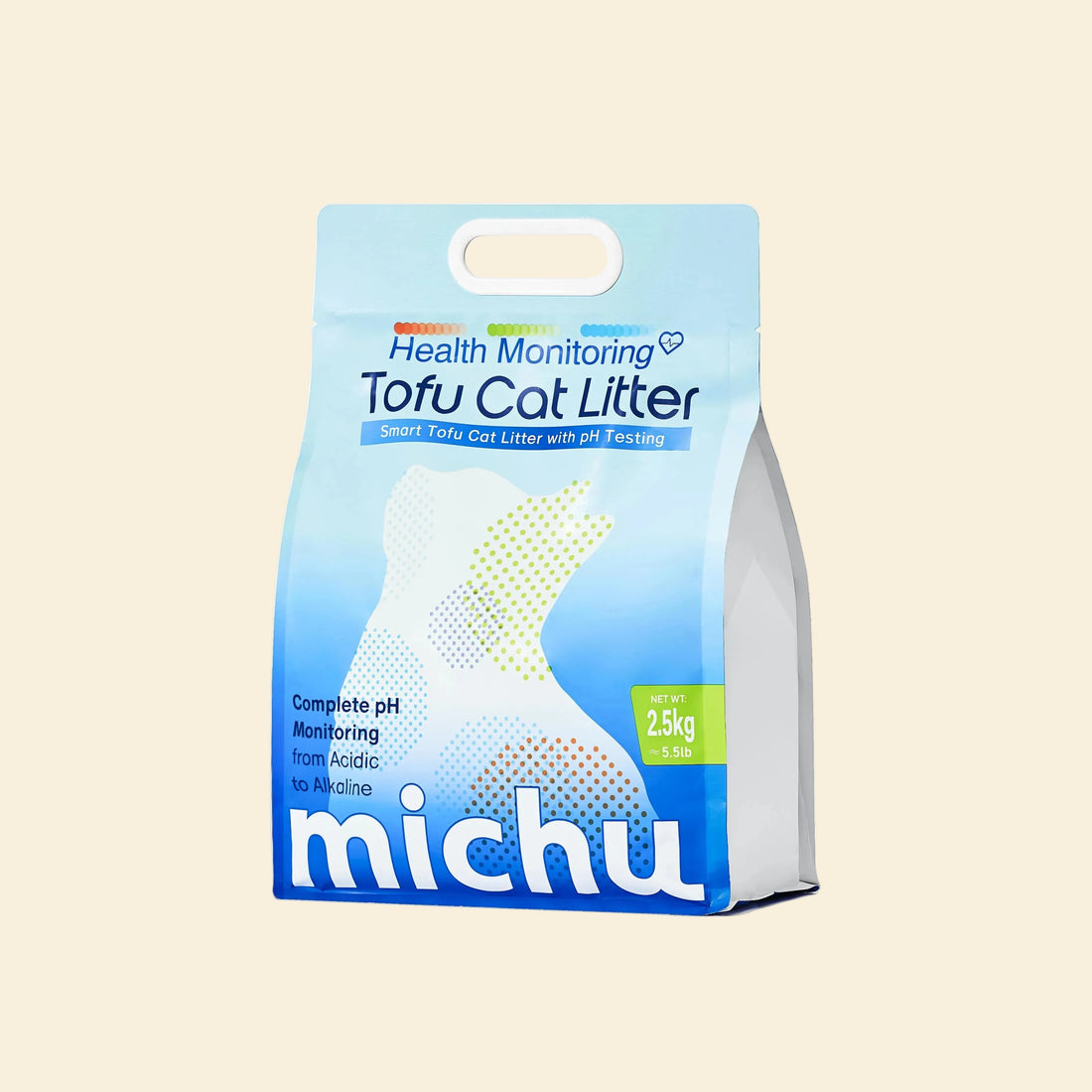 Front packaging of Michu 2.5kg Health Monitoring Tofu Cat Litter featuring smart pH testing for feline urinary health detection.