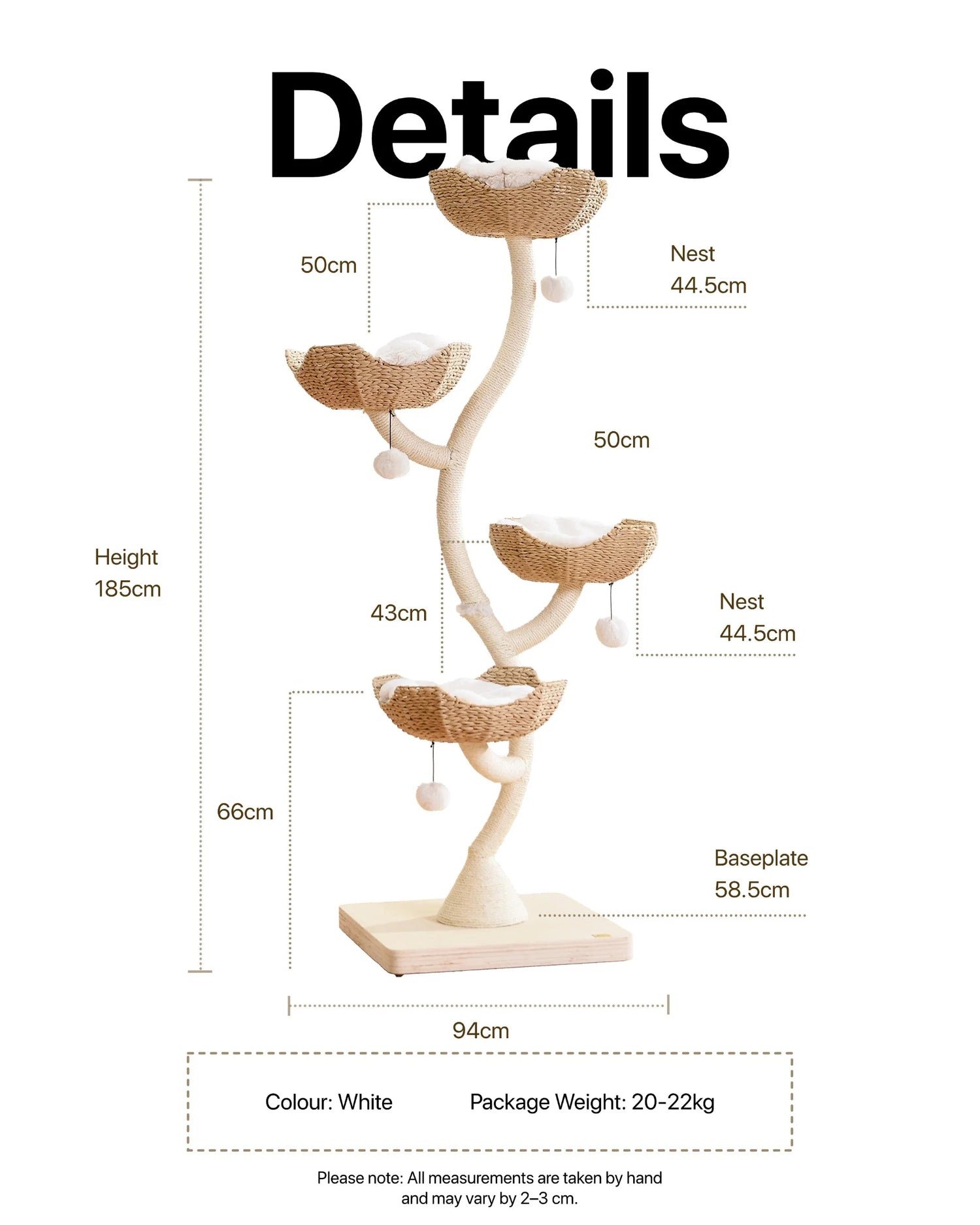 Dimension guide for the Michu Ivy cat tower. It stands 185cm tall with a 58.5cm solid wood baseplate and four 44.5cm handwoven nests, weighing 20-22kg.