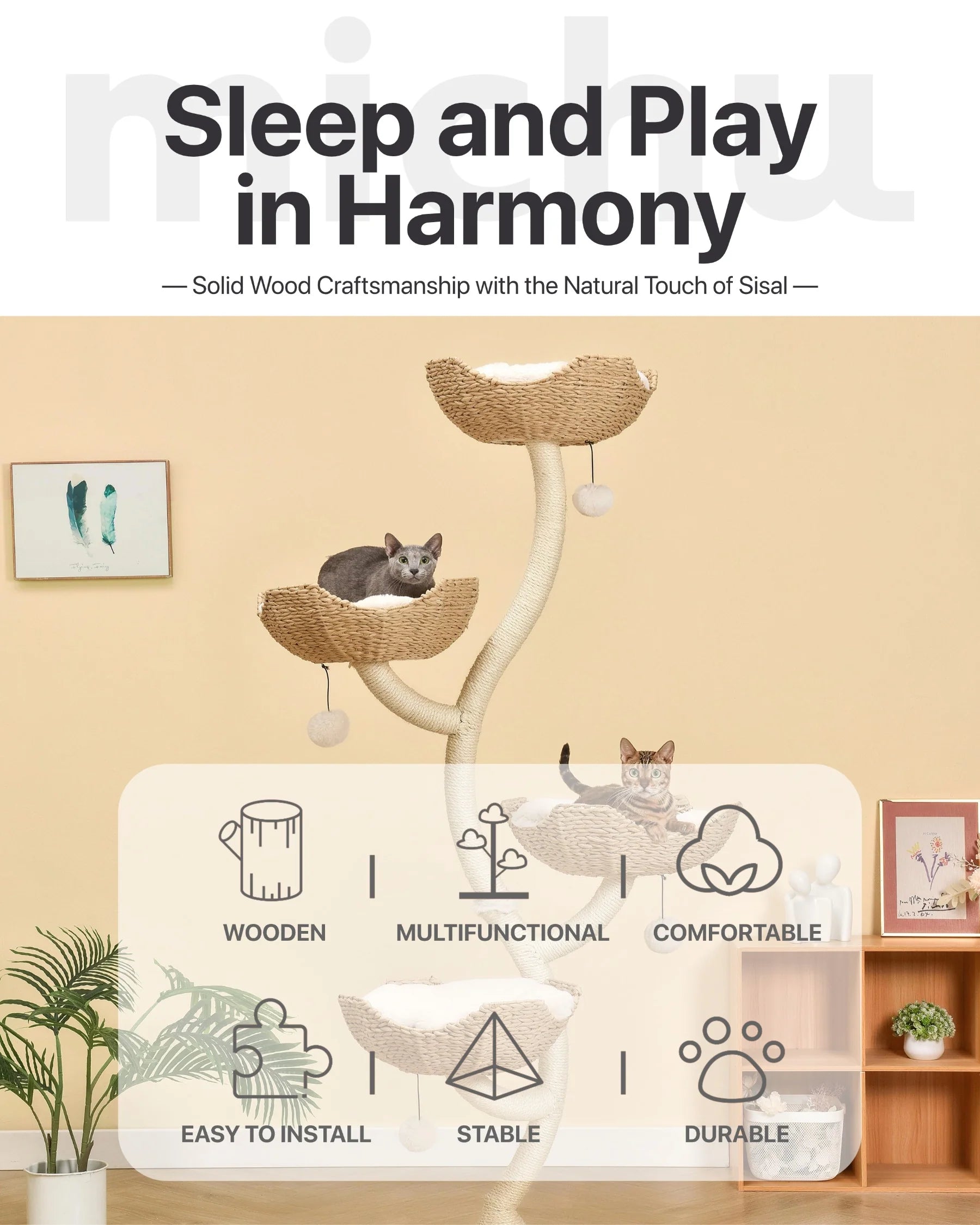 Infographic detailing the features of the Michu Ivy tall cat tree, highlighting solid wood craftsmanship, handwoven baskets, and a multifunctional, stable design for multiple cats.
