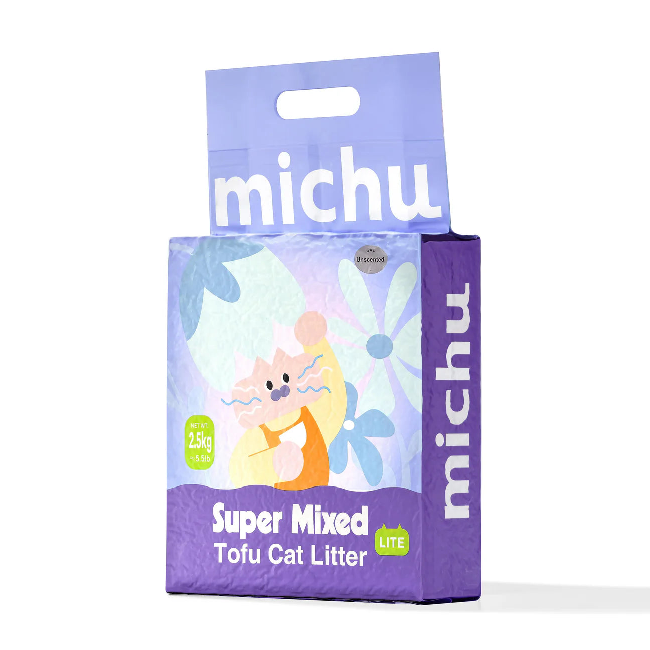 A slightly angled view of the Michu Mixed Tofu Cat Litter Lite bag, highlighting the convenient built-in handle for easy carrying and pouring of the 6L eco-friendly formula.