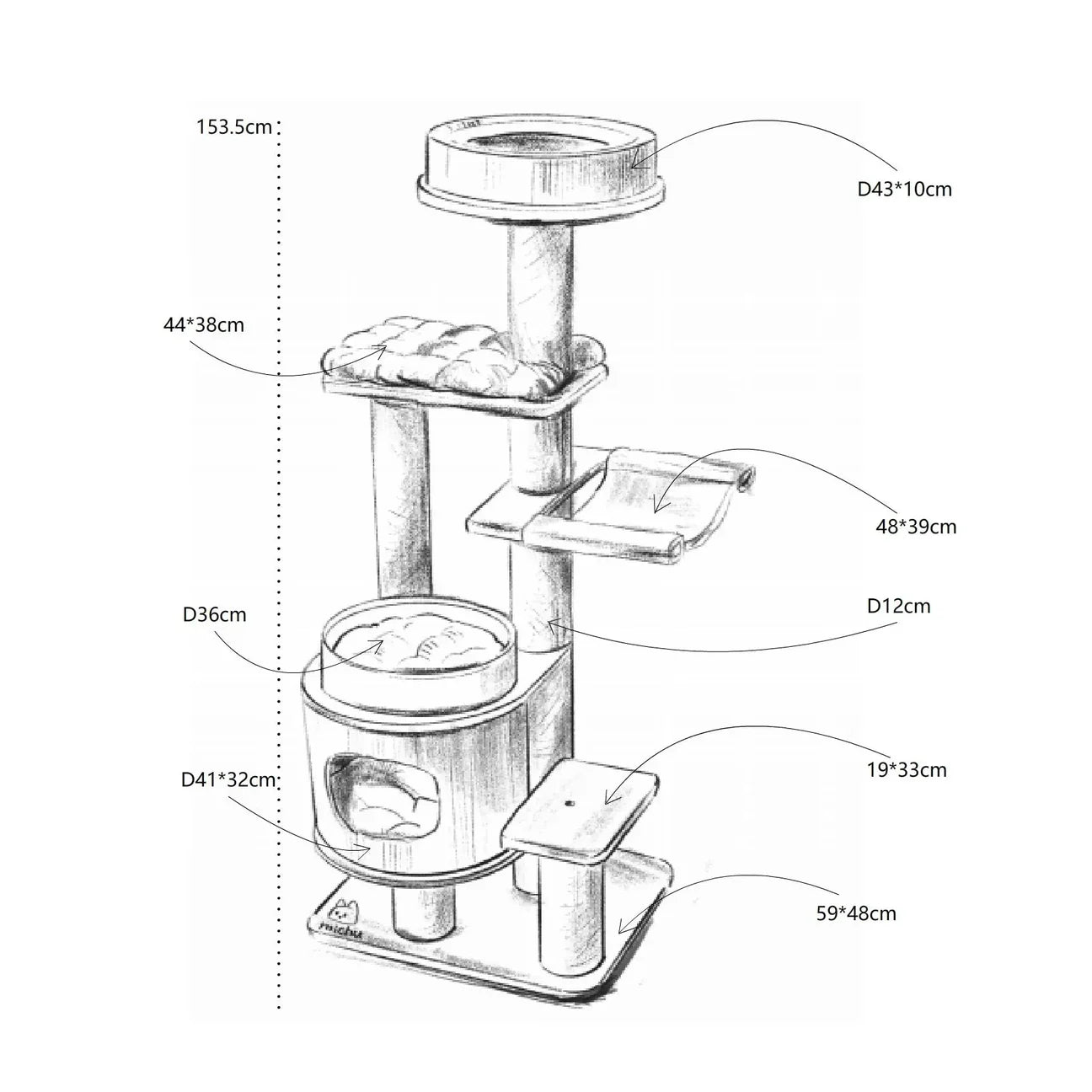 Detailed schematic drawing and dimension guide for the Michu Luna Solid Wood Cat Tree. Highlights the 153.5cm overall height, ultra-thick 12cm sisal posts, and large 59x48cm baseplate for maximum stability.