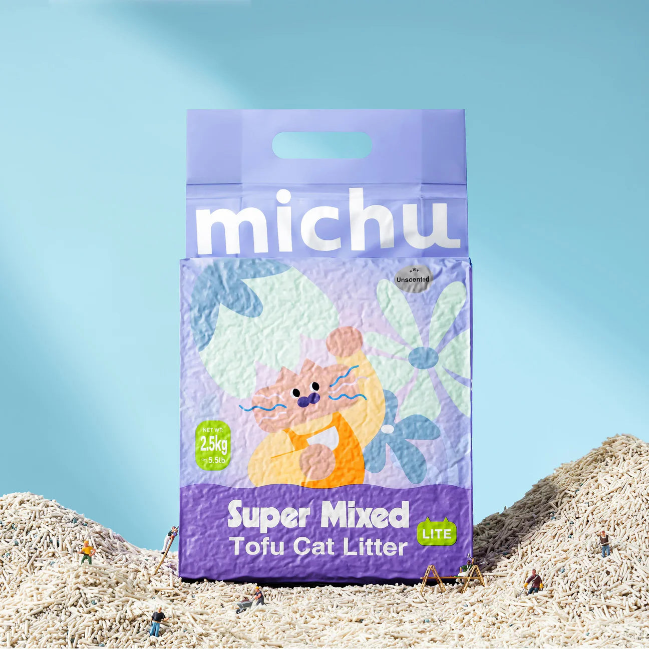 A creative studio photograph of a 2.5kg bag of Michu Super Mixed Tofu Cat Litter (Lite, Unscented) in a scaled miniature composition. Small miniature figures, a ladder, and a wooden structure interact with the bag and loose litter pellets to emphasize the massive value and performance of this budget-friendly, odor-controlling, and flushable formula.