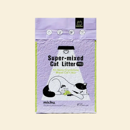 The front packaging of the 6L Michu Super-Mixed Tofu Cat Litter Pro Gen2, featuring a stylish purple bag with a cute cat illustration and icons indicating heavy-duty odor control.