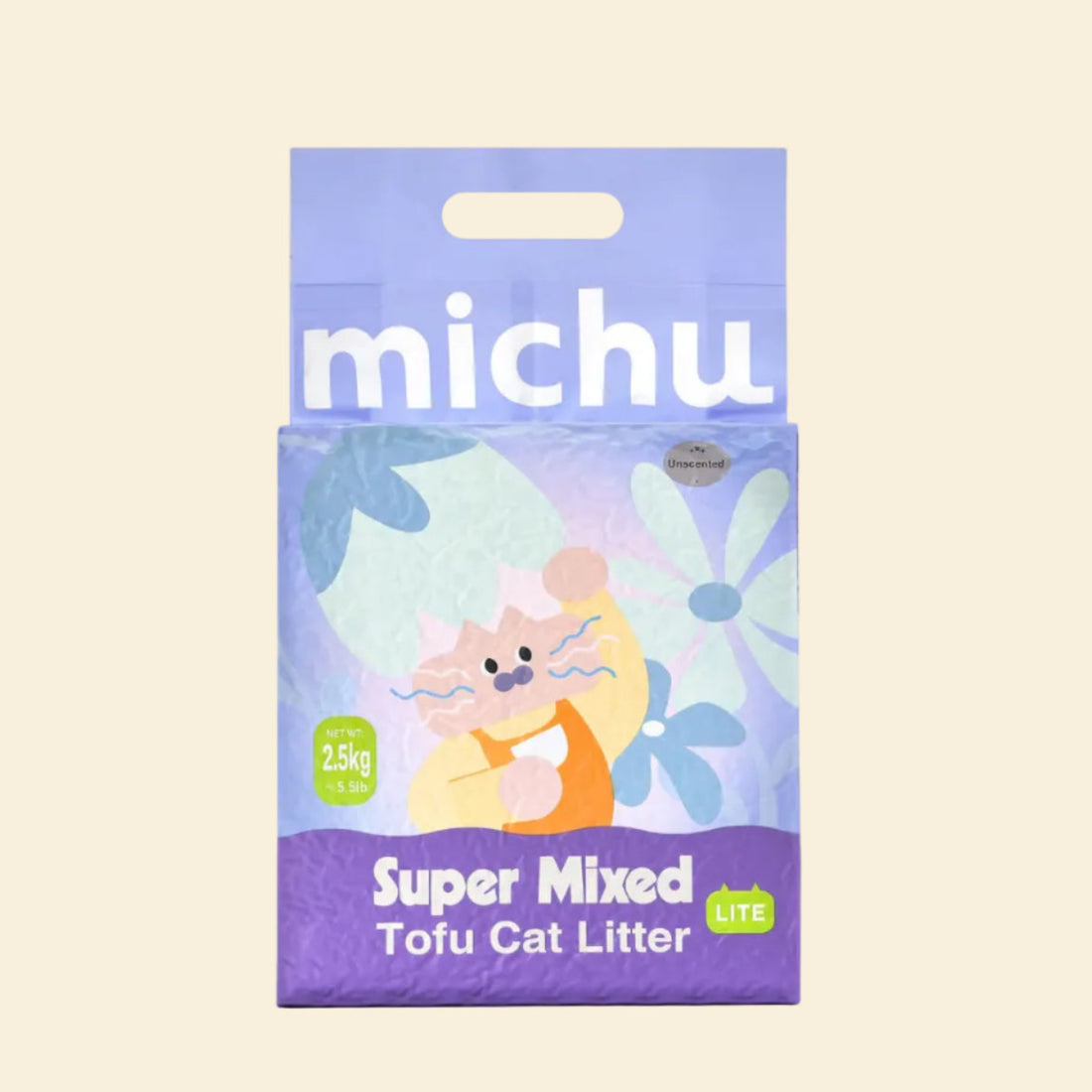 The front packaging of the 2.5kg Michu Super Mixed Tofu Cat Litter Lite, featuring a cute floral cat design and clearly marked as an unscented, budget-friendly formula.